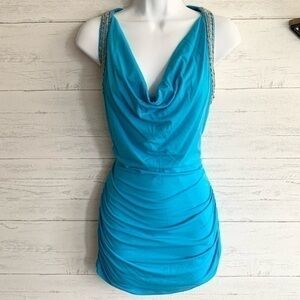 White House Black Market Blue Drape Neck Embellished Ruched Mini Dress